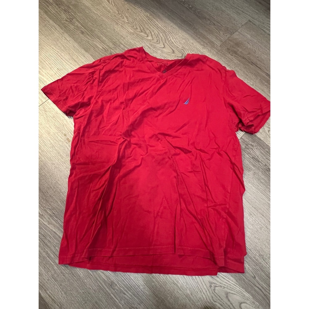 Nautica Mens Red V-Neck Short Sleeve Cotton T-Shirt Size Medium Blue Logo